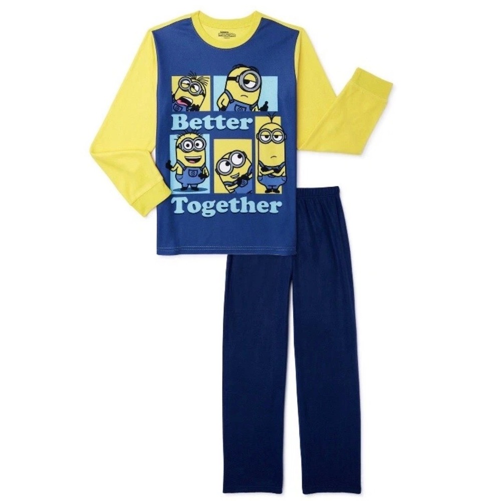 Minions Better Together Boys Flannel 2-PC Pajama Set Blue Yellow Size 10/12 NEW